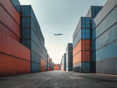 Aereo che vola in cielo aperto circondato da container colorati 