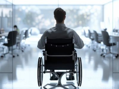 Uomo di spalle su sedia a rotelle in un ufficio luminoso
