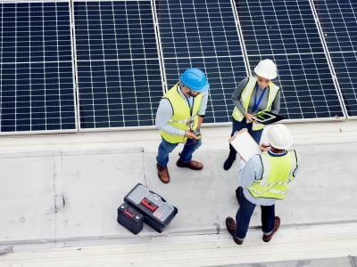 Pannello solare e panoramica di un team in discussione per ispezione o installazione