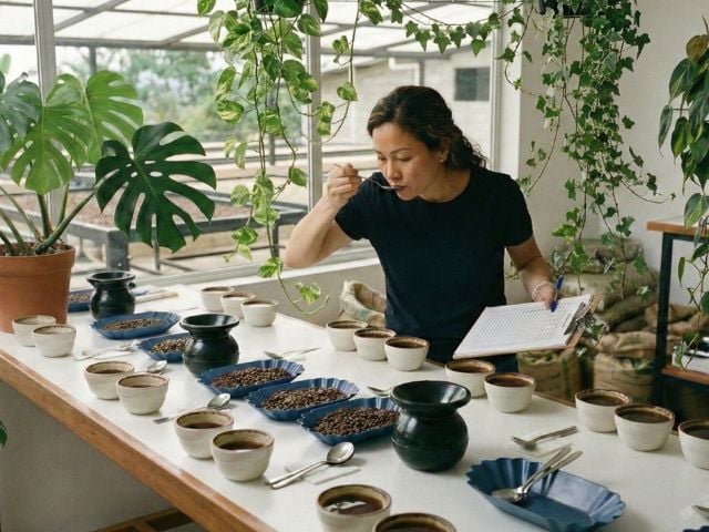 produttore di caffe che assaggia il caffe 