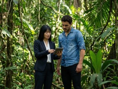 Un professionista che presenta informazioni con tablet ad un cliente