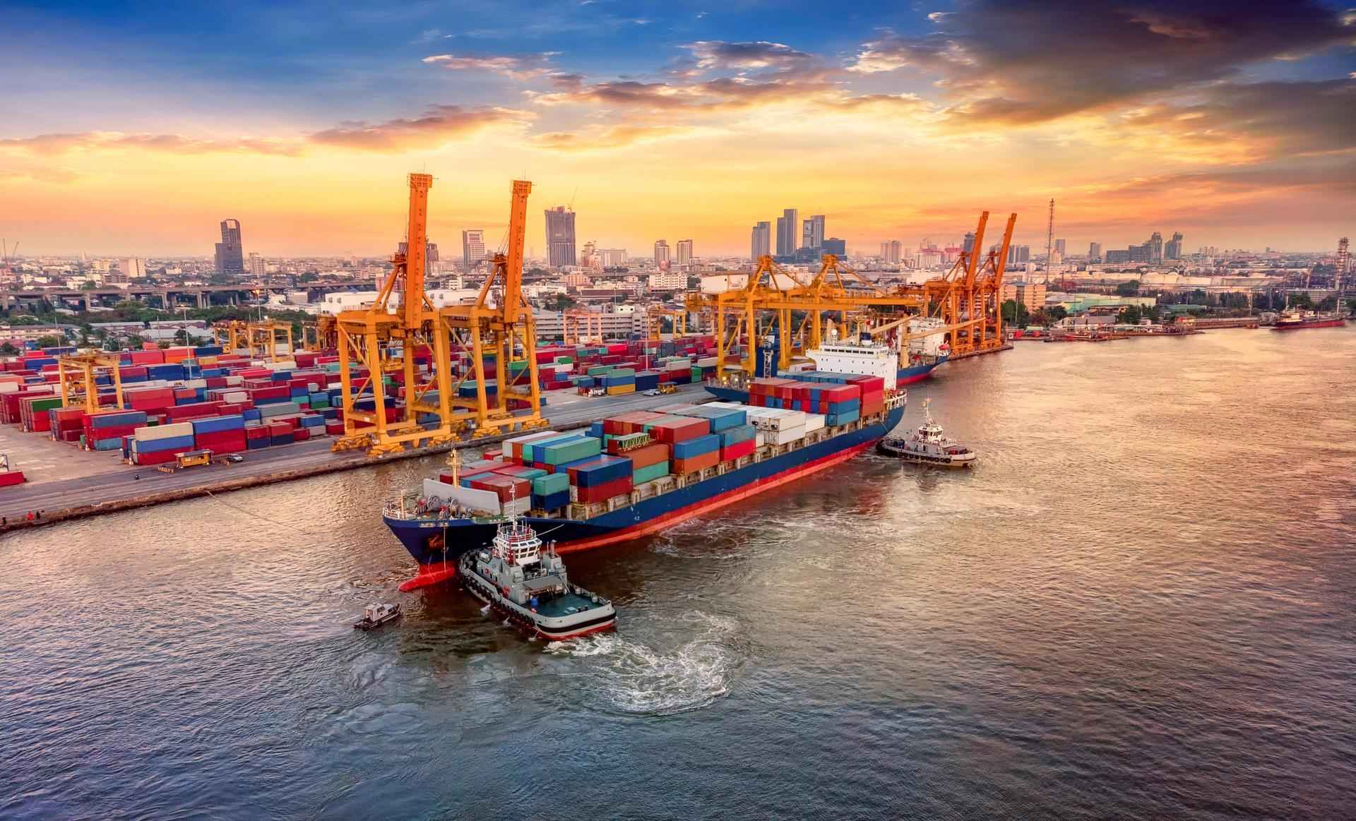 shipping container vessel approaching port