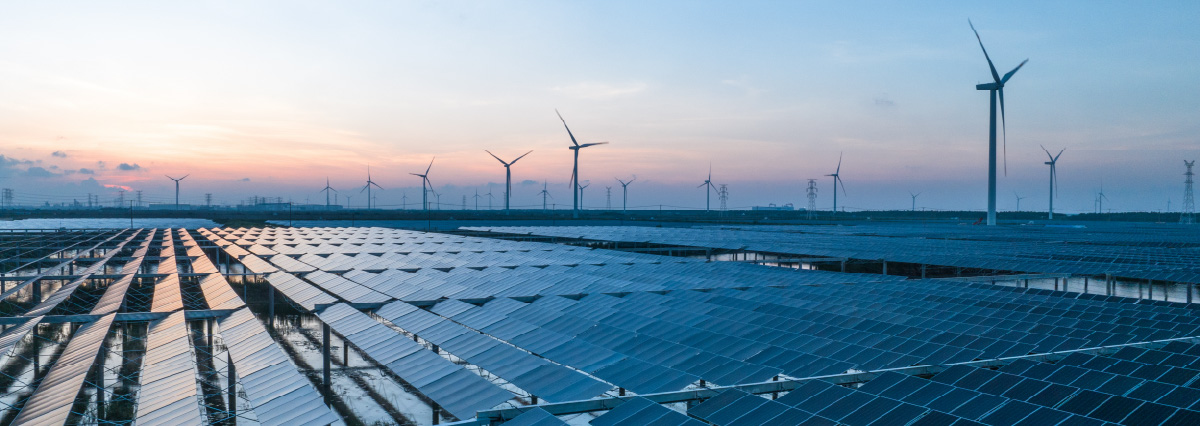 solar power panels and wind turbines on beach