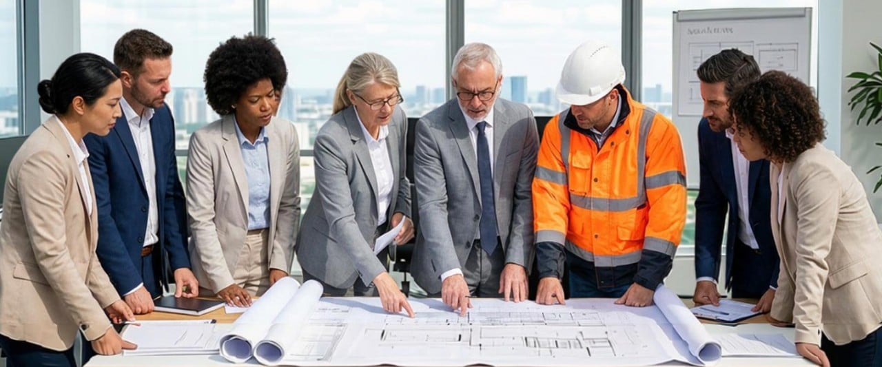 People in the office looking into a building plans