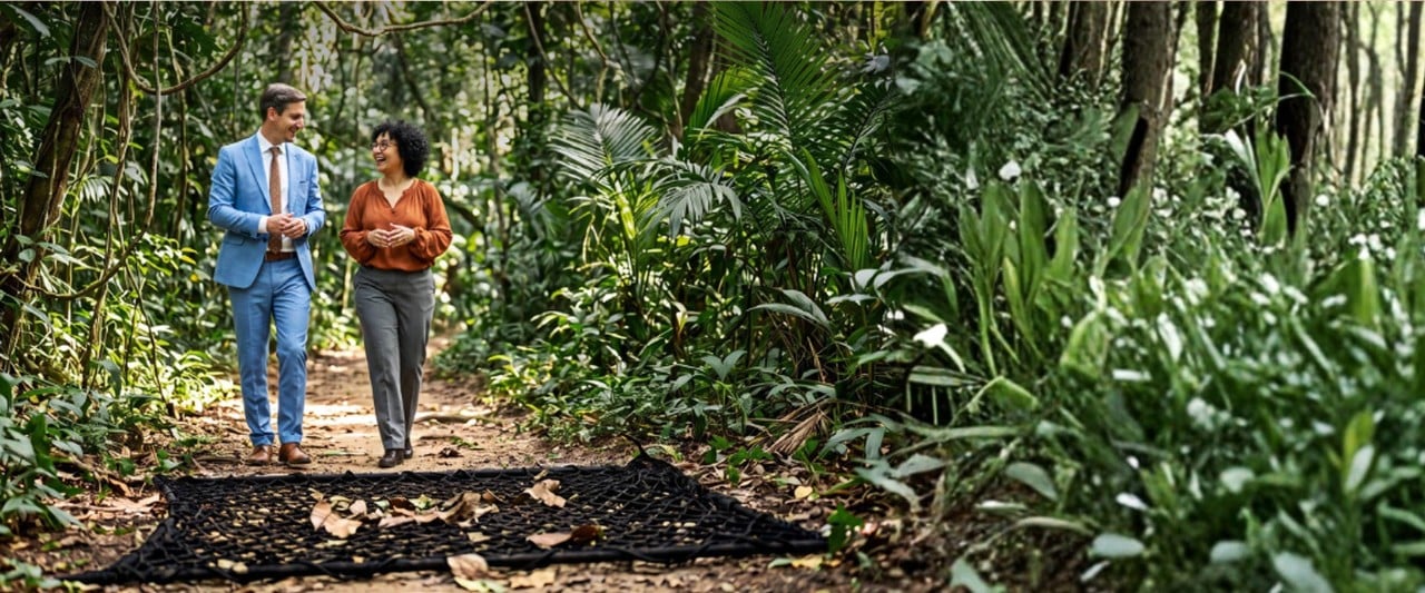 2 people walking in the forest