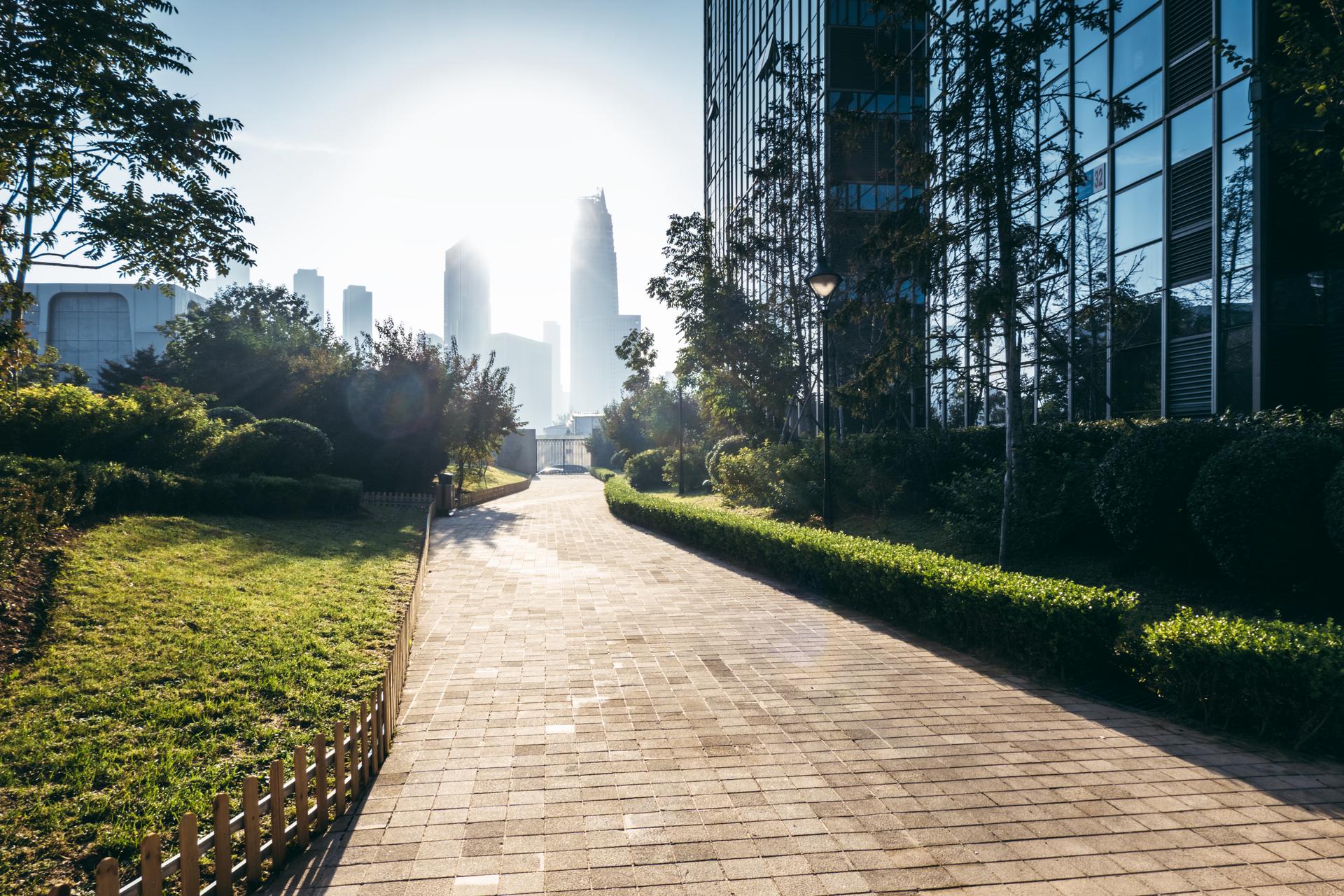 brick path with city in background