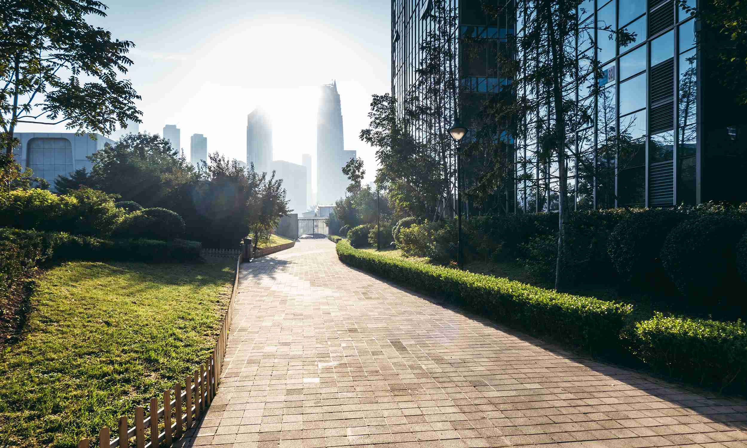 Brick walkway with city in background