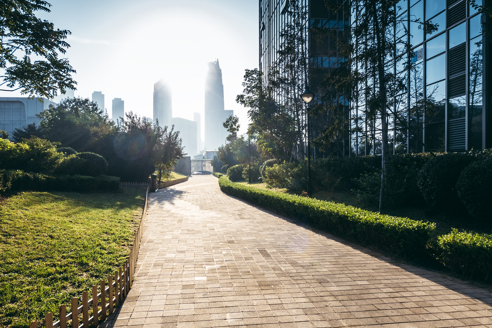 stone walkway with city in background