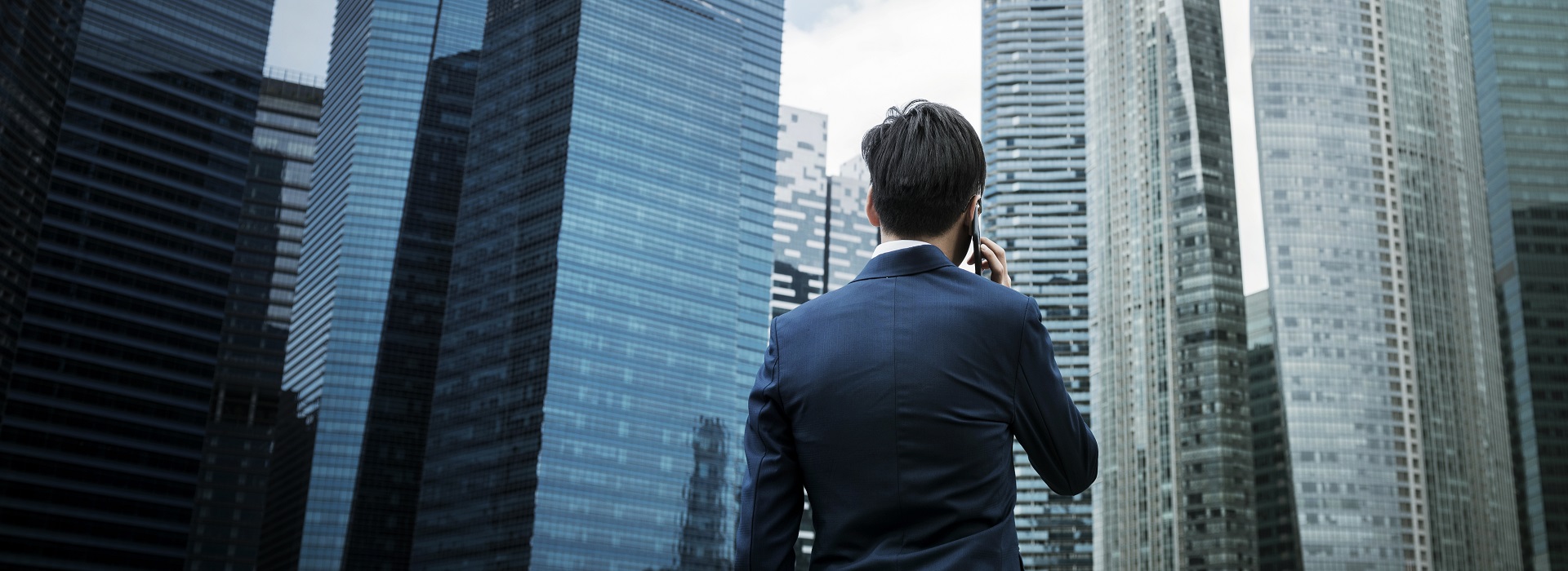 A businessman facing contemporary corporate skyscrapers in a financial district, viewed from the back