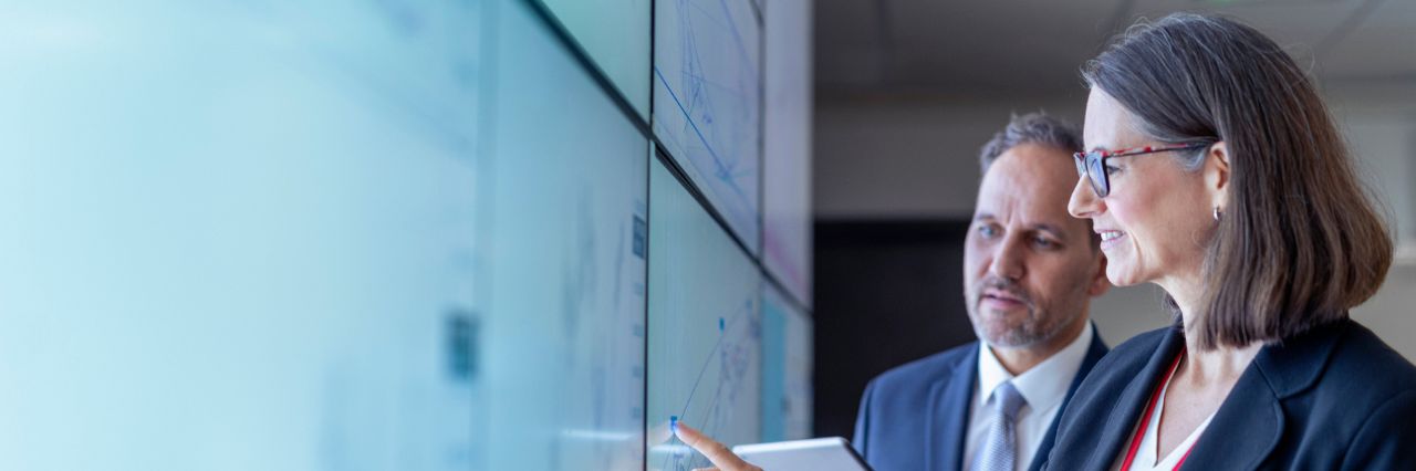 A pair of professionals analyzes information displayed on a large monitor, with a finger pointing out a detail