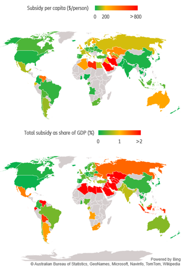 Figure 2 – Global view of fossil fuel subsidies: top per capita; bottom per GDP