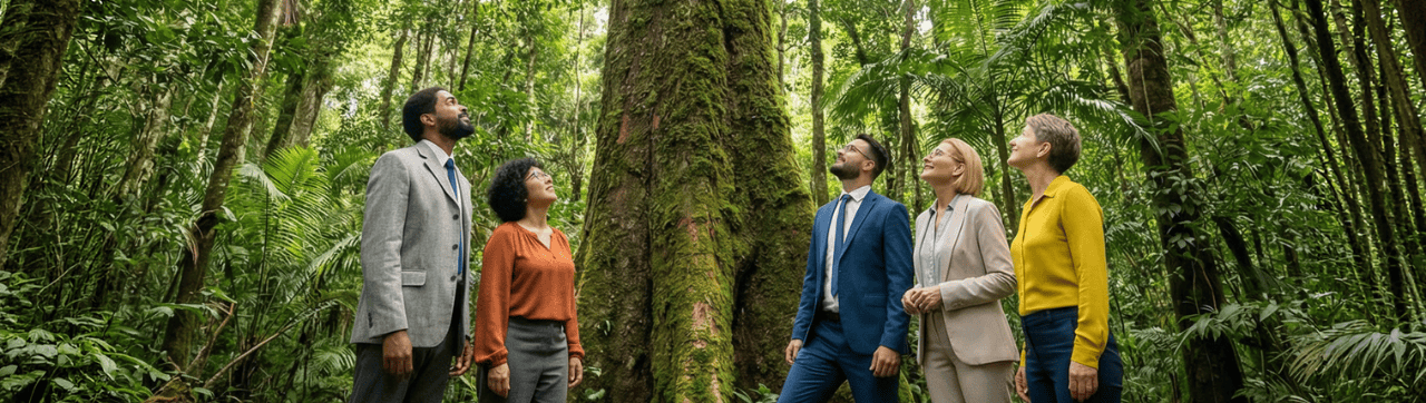 four-people-in-a-forest-looking-at-a-tree