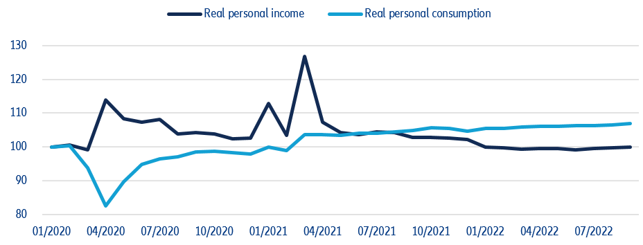Figure 3: Real personal income and personal consumption (January 2020=100)