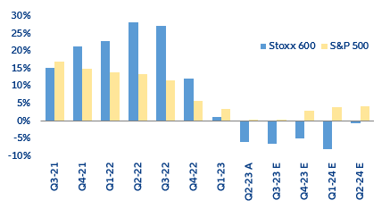 Figure 5: Quarterly revenue growth (y/y) for companies in Europe and the US