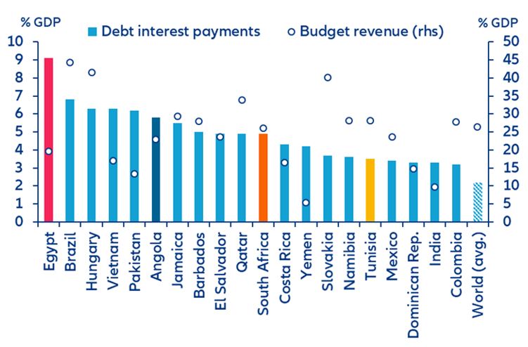 Figure 2: Emerging markets with debt interest payments ≥ 3% of GDP in 2023 