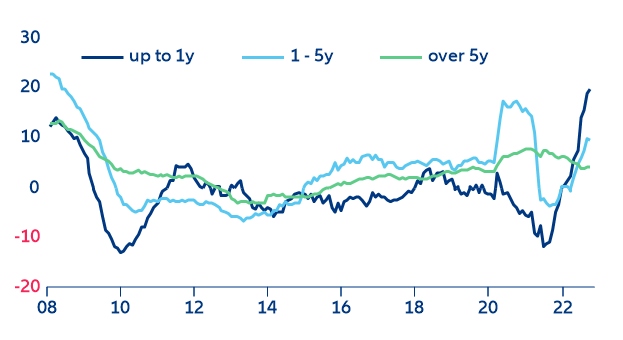 Figure 3: Eurozone credit growth to non-financial corporates (y/y %, by maturity)