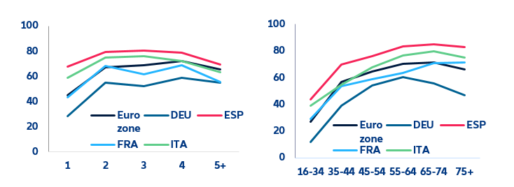 Figure 13. Real asset ownership as a % of households, by household size and age of household reference person