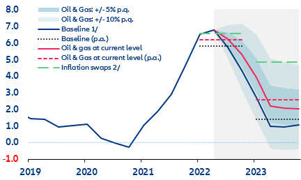 Figure 4: Headline inflation paths under different energy price scenarios (y/y %, quarterly average)