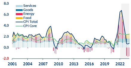 Figure 3: Evolution of headline and core inflation by component (y/y %, quarterly average)