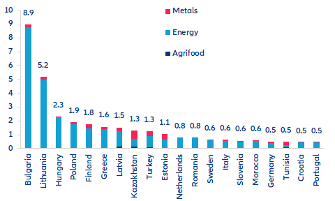  Figure 2 – Russian energy, metals and agrifood inputs used in respective countries’ output (% of GDP), top 20 exposed in relative terms