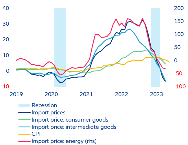 Figure 1: German CPI inflation and import prices (y/y, %) 