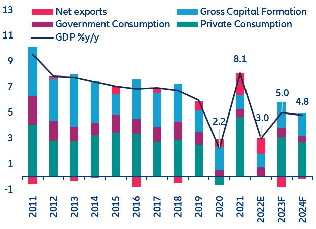 Figure 8: GDP growth (%) and contributions (pp)
