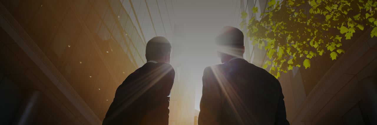 Two businessmen looking to the sky 