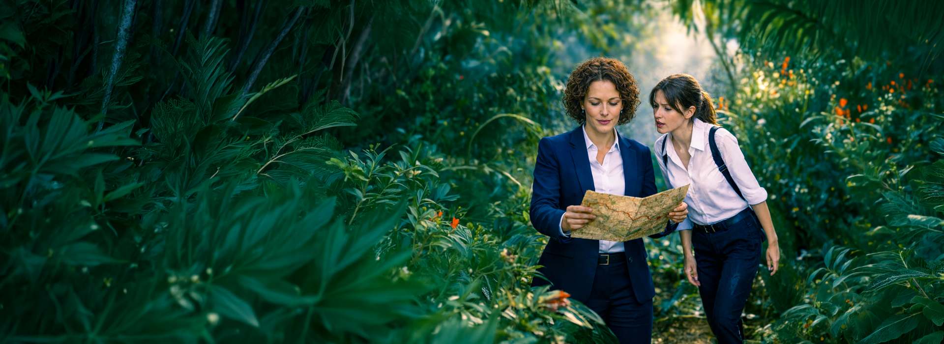 due donne guardano una mappa nella giungla in mezzo alle piante
