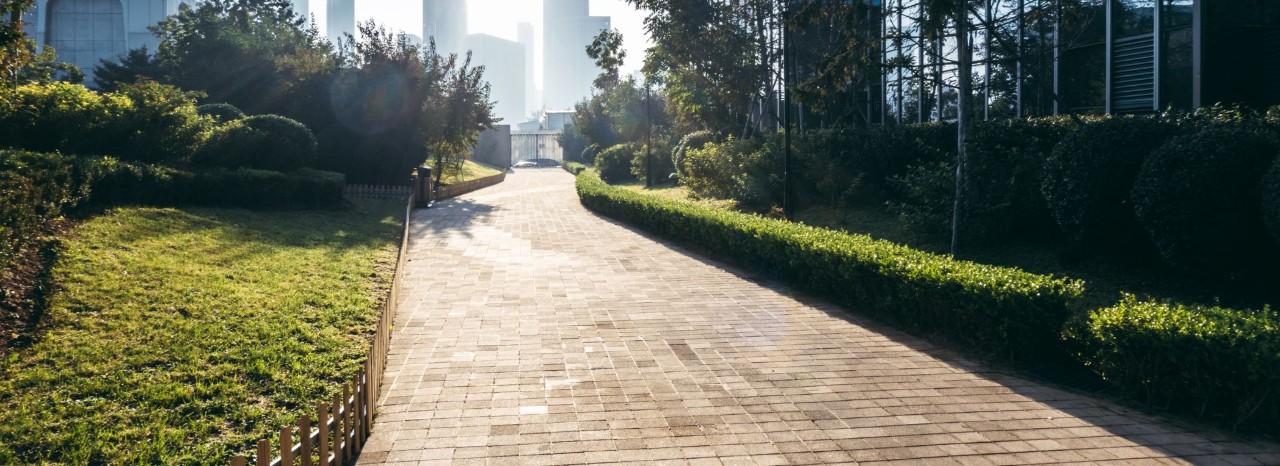 Immagine di un viale con aiuole con vista sui palazzi del distretto finanziario