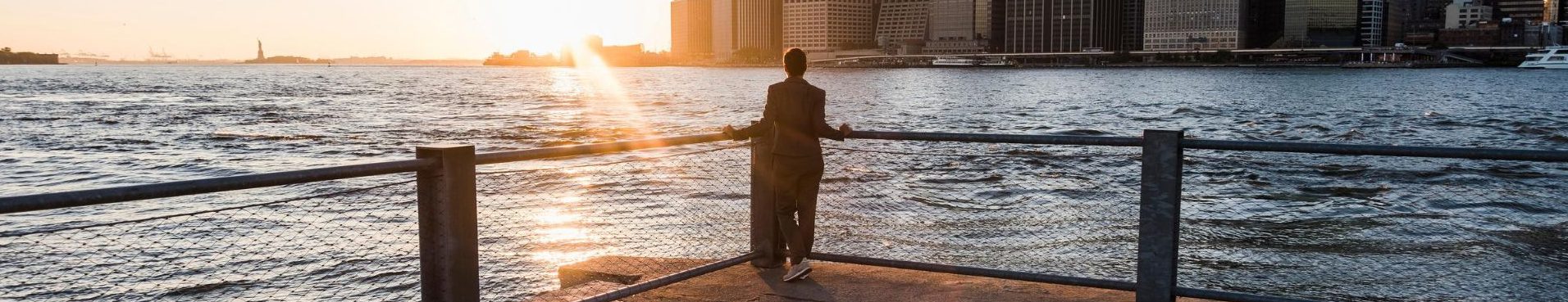 Una persona di spalle osserva il panorama di New York al tramonto