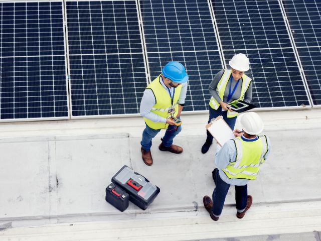 Pannello solare e panoramica di un team in discussione per ispezione o installazione