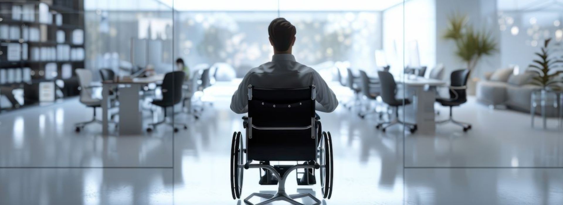 Uomo di spalle su sedia a rotelle in un ufficio luminoso