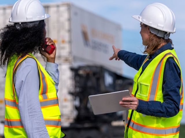 Due lavoratrici con gilet ad alta visibilità e caschi protettivi, posizionate davanti a dei container