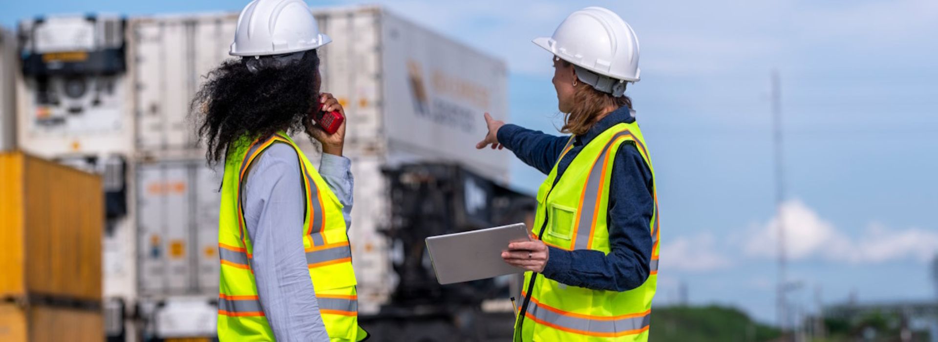 Due lavoratrici con gilet ad alta visibilità e caschi protettivi, posizionate davanti a dei container