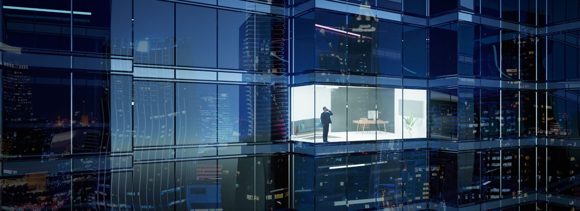 Uomo all'interno di un building finanziario