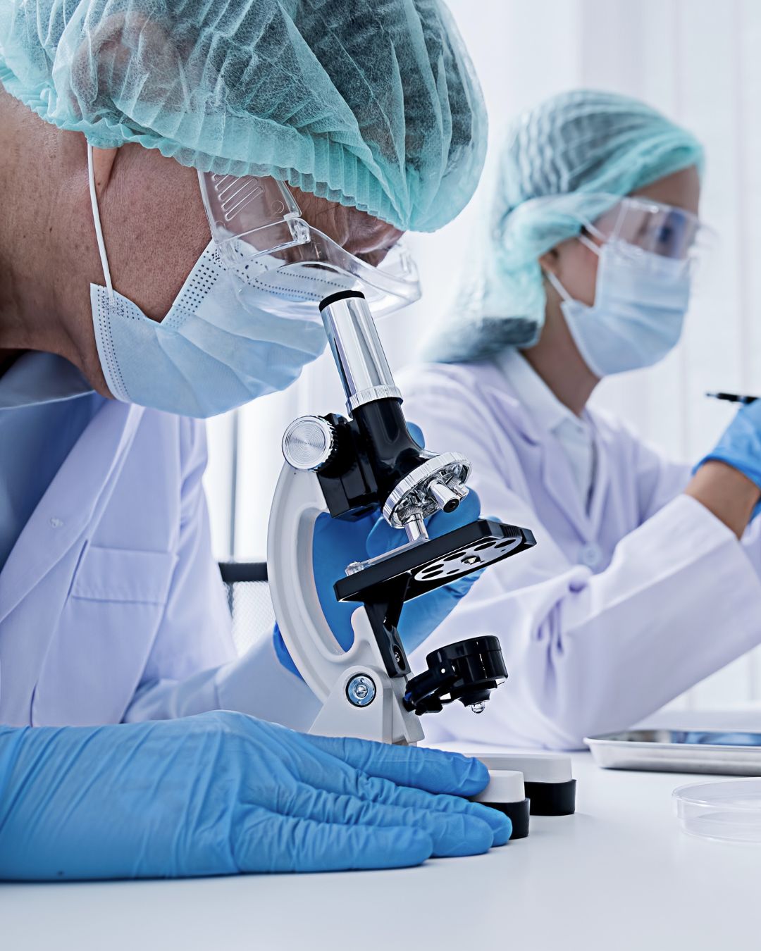 Due chimici in laboratorio analizzano delle sostanze chimiche