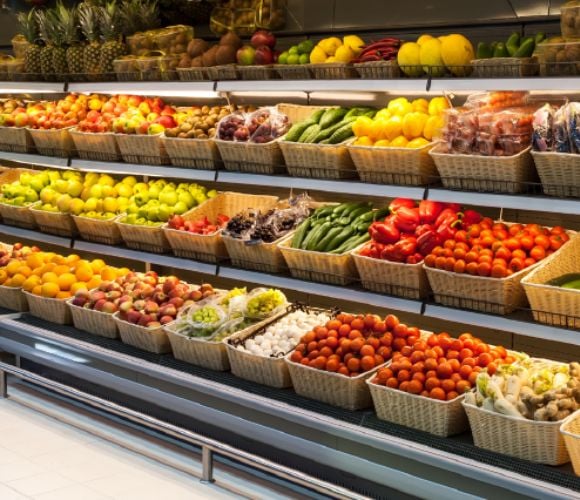 Reparto ortofrutta all'interno di un supermercato, con espositori ricchi di frutta e verdura fresca e colorata