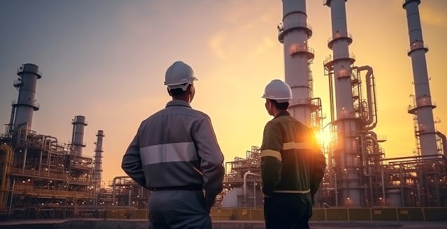 Man in geel hesje en helm aan het werk bij de douane