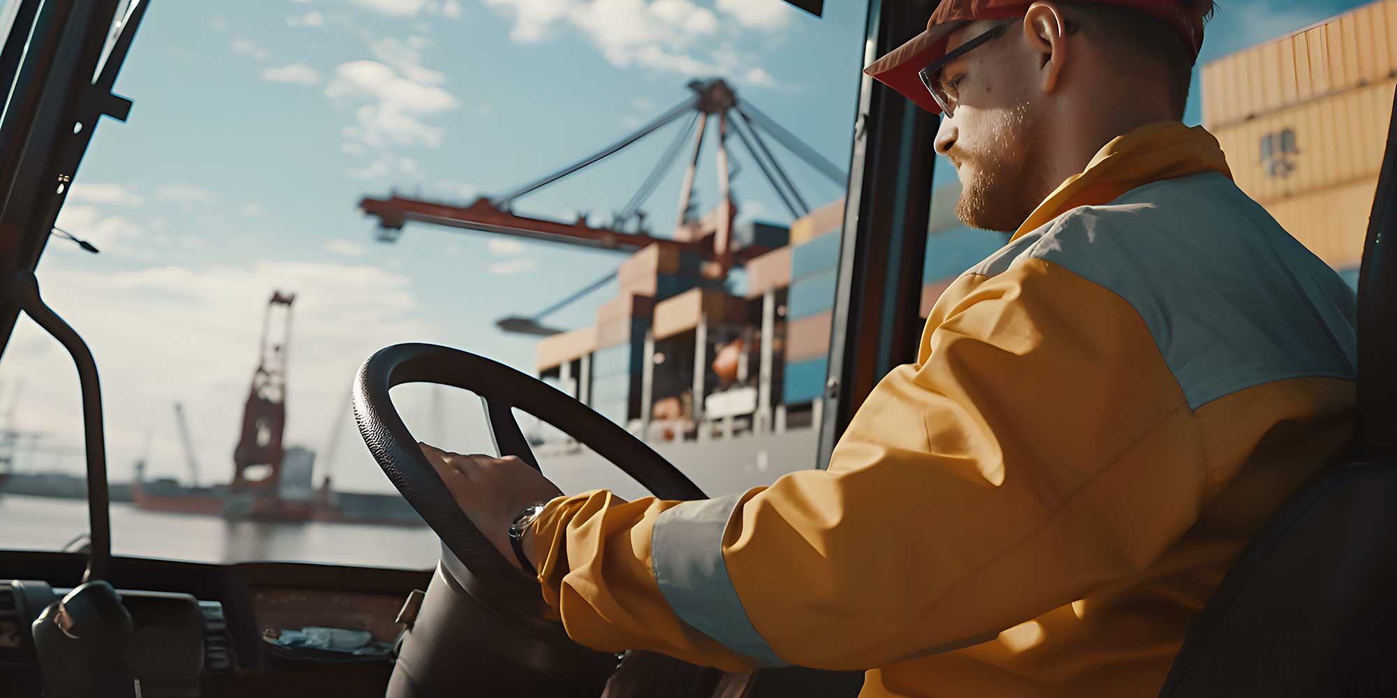 Kierowca w aucie w dokach z kontenerami