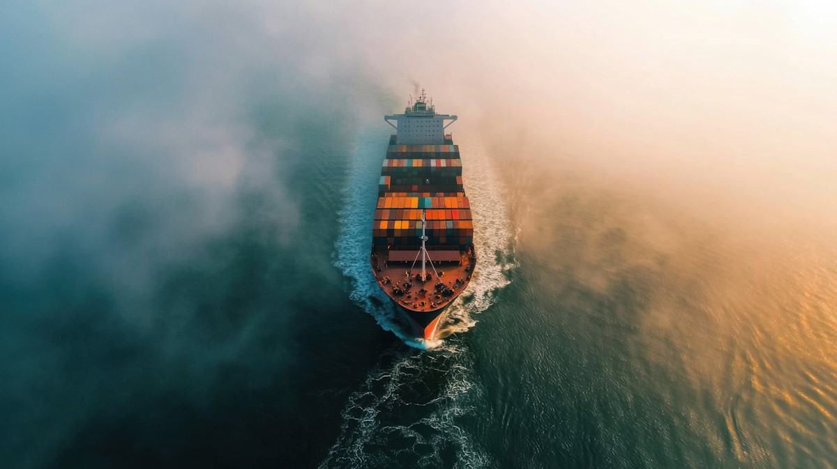 Duży statek towarowy przewożący wiele kontenerów o zachodzie słońca