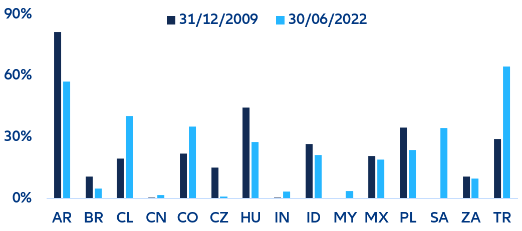 Figura 4. Participação da moeda forte em % do total da dívida soberana, em relação aos anos de 2009.