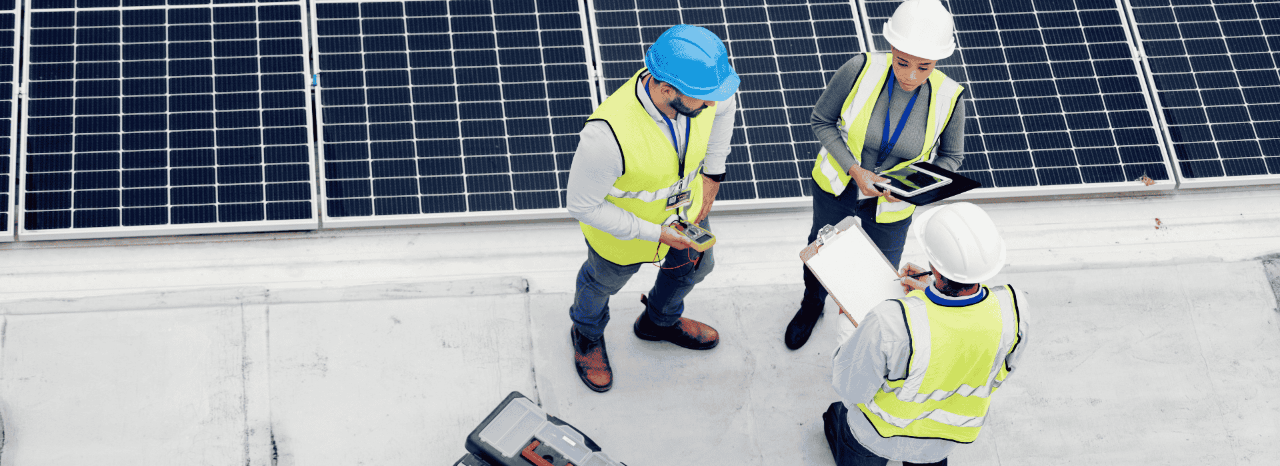 Engenharia painel solar e vista superior da equipa em discussão para inspeção ou instalação