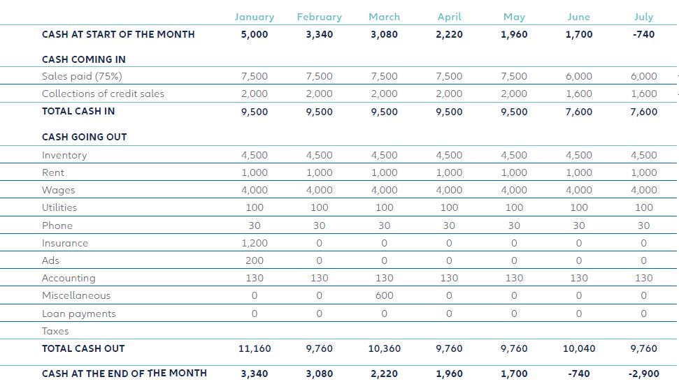 Cash flow projection example